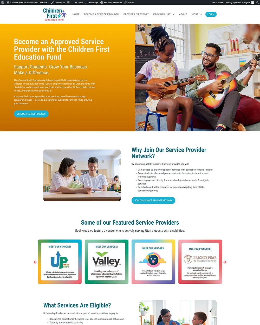 Children First Education Fund website page for service providers