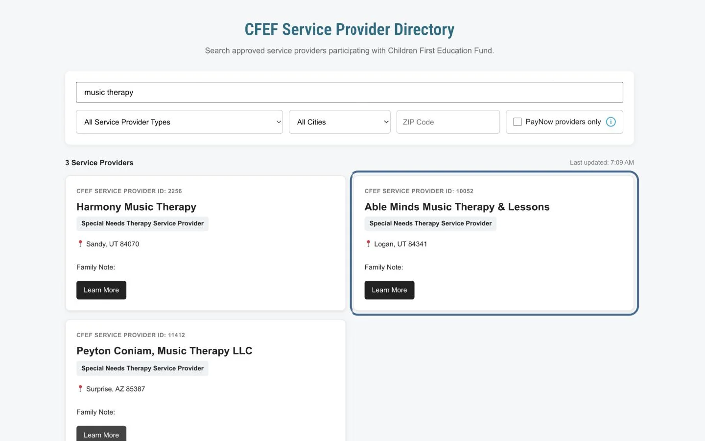 Children First Education Fund service provider directory searched for music therapy