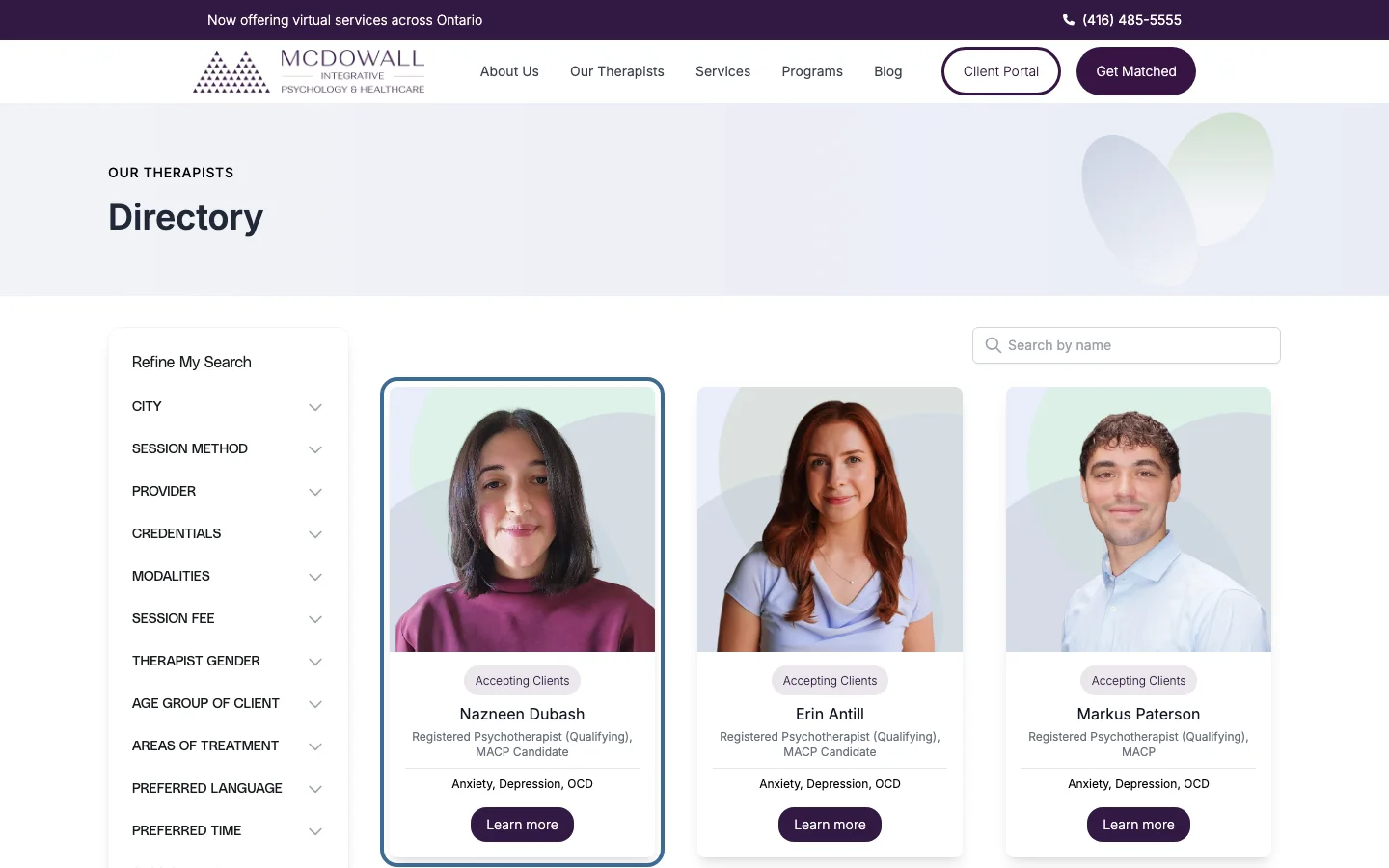 McDowall Integrative Psychology & Healthcare therapist directory with search filters