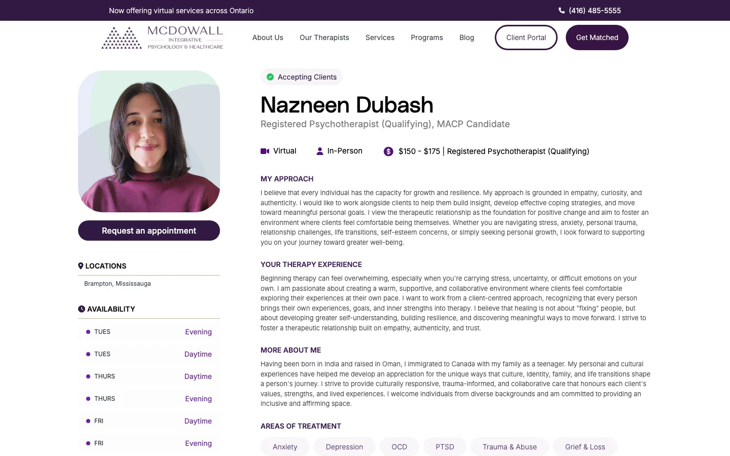 Therapist profile page on the McDowall Integrative Psychology & Healthcare website