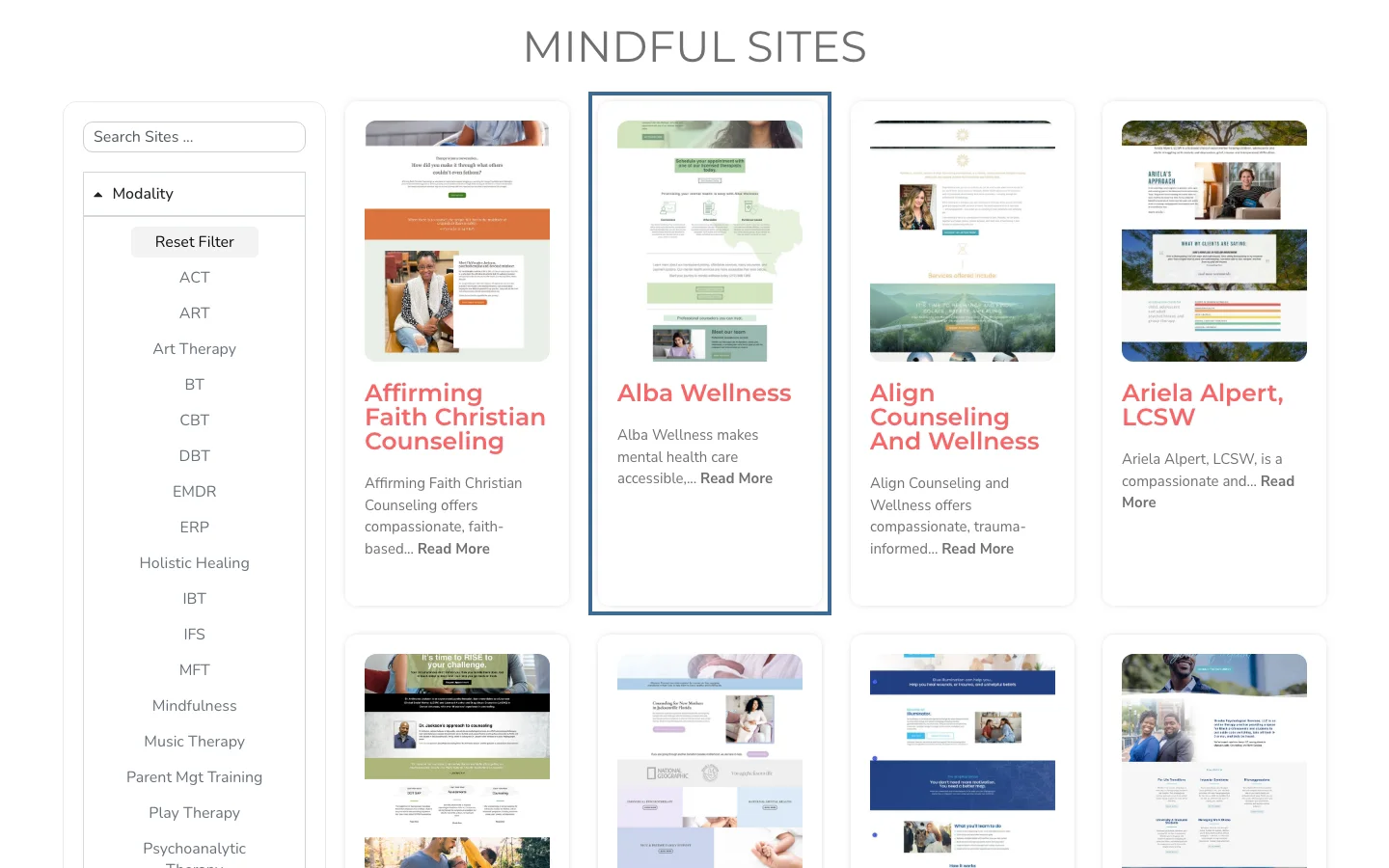 Mindful Sites website directory with modality, professional type and state filters