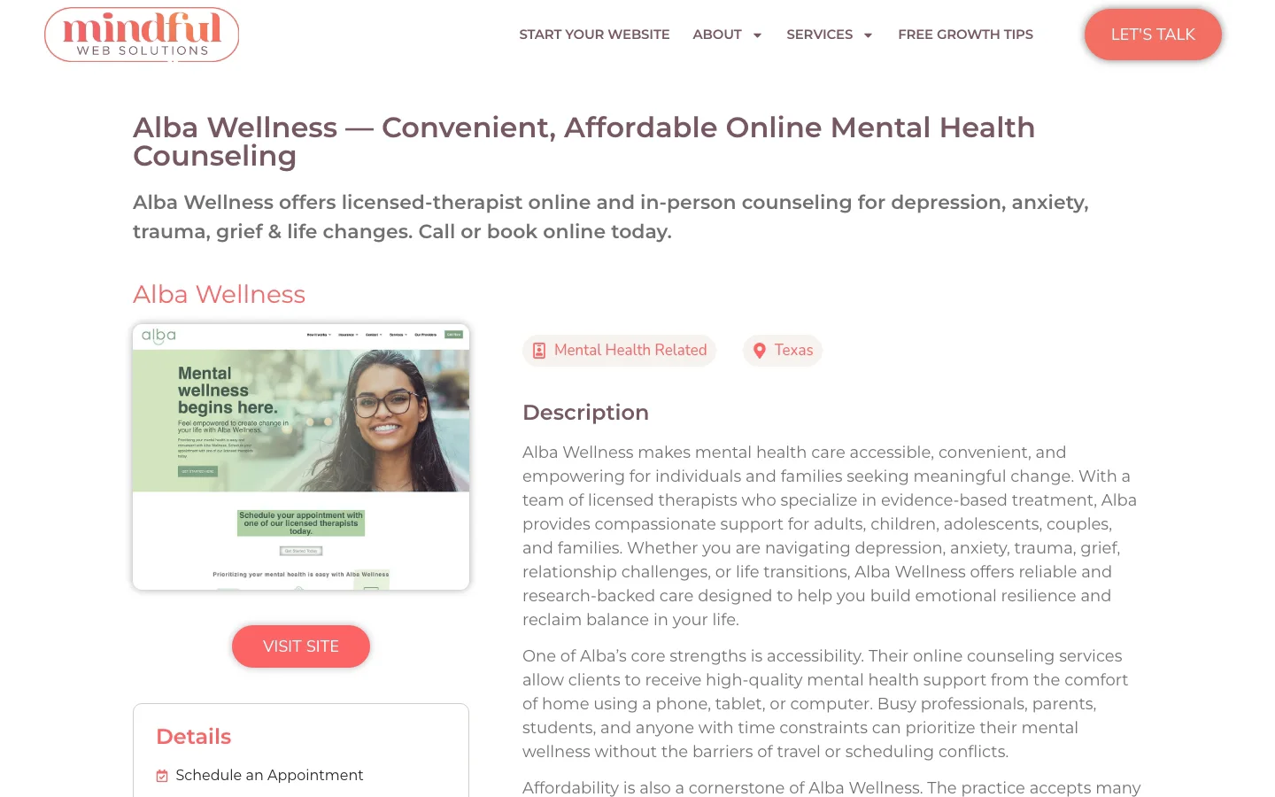 Alba Wellness profile page in the Mindful Sites directory