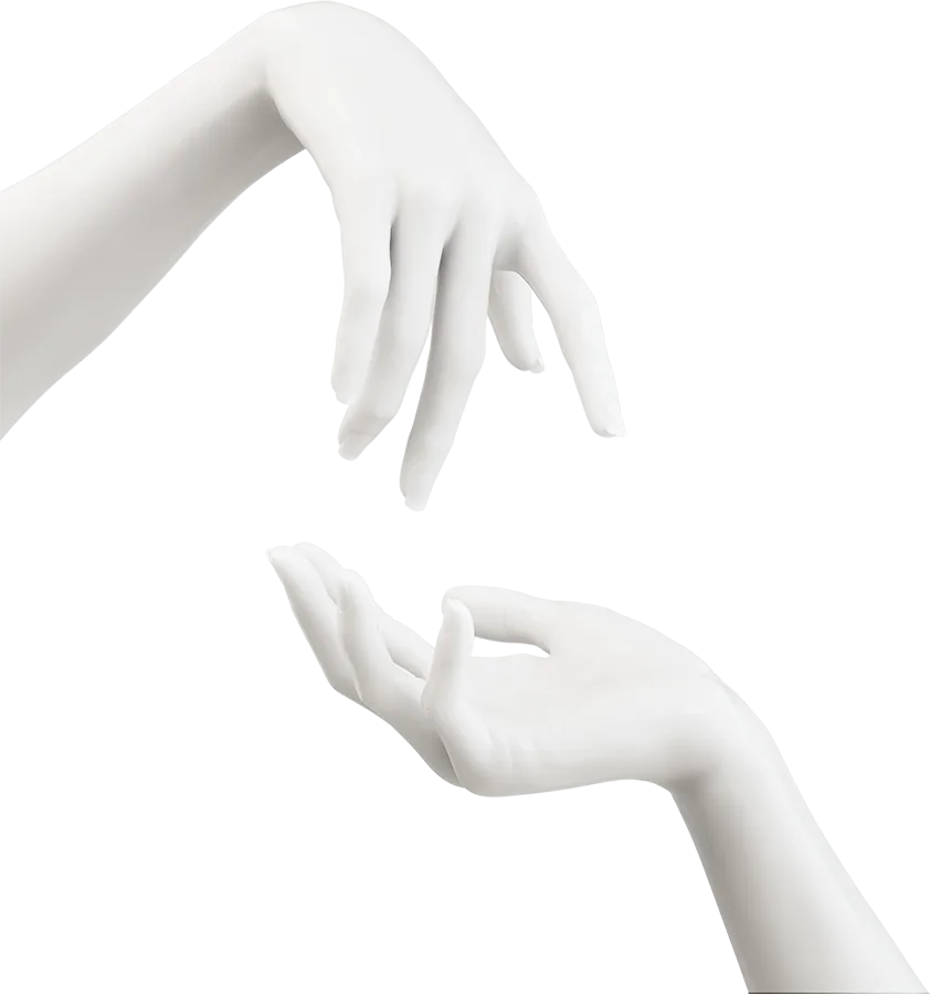 Two marble hands reaching toward each other, after Michelangelo