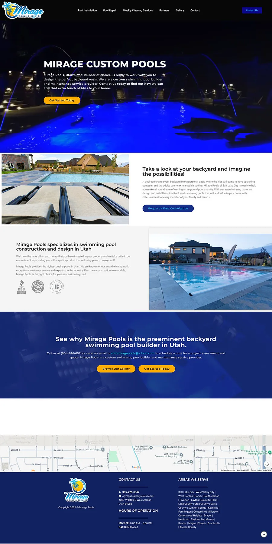 Mirage Pools website, full page