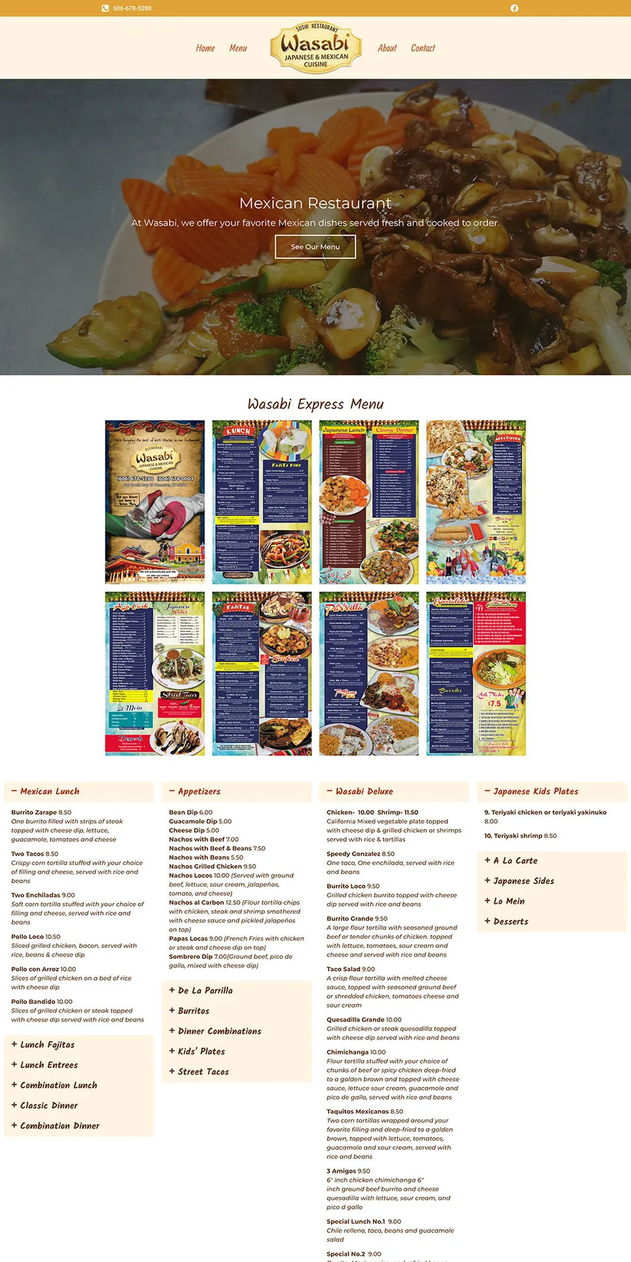 Wasabi Restaurant website, full page