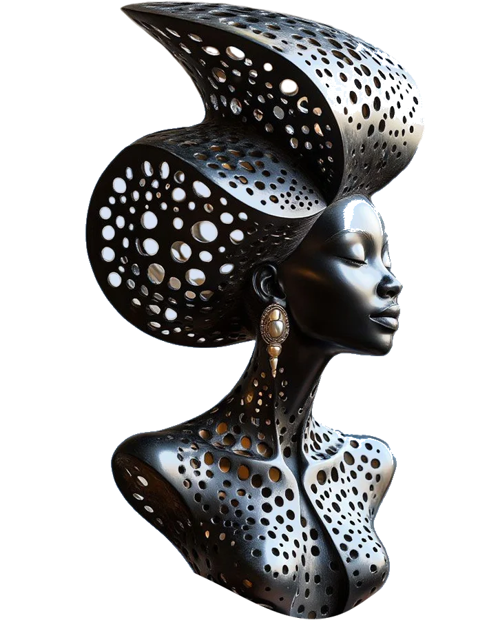 Polished metal bust with a perforated, sculptural headpiece