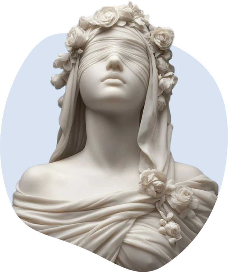 Marble bust of a woman whose eyes are covered by her veil, roses in her hair