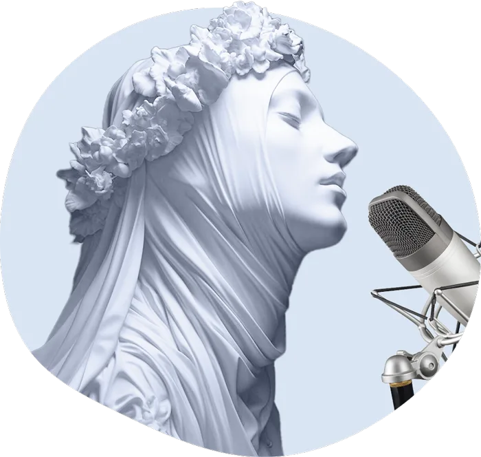 Veiled marble statue singing into a studio microphone