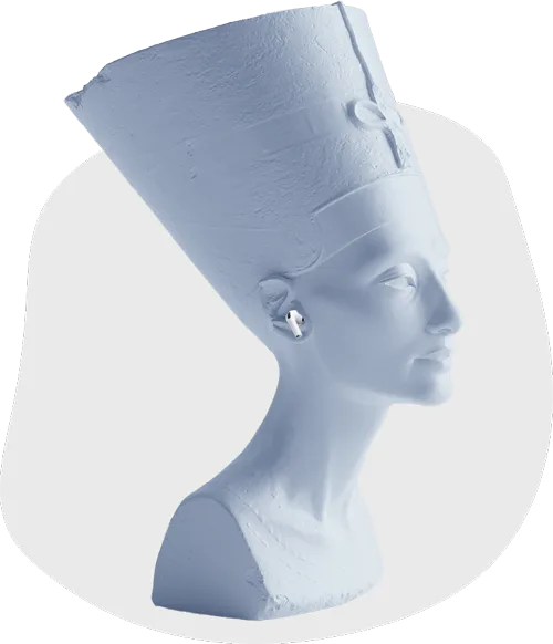 Bust of Nefertiti wearing wireless earbuds