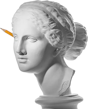 Plaster bust with a pencil tucked behind her ear