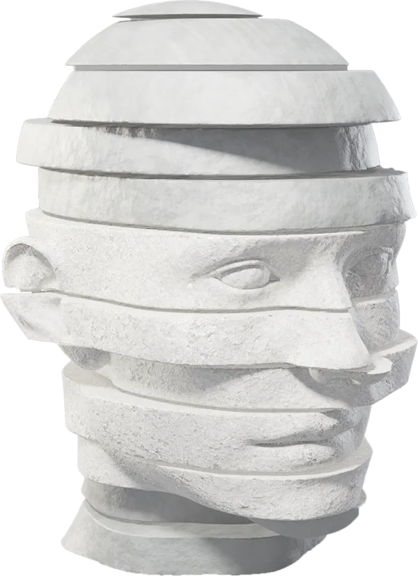 Stone head sculpted in stacked, shifting slices