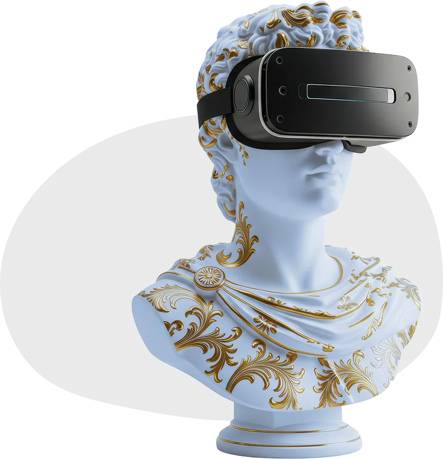 Classical marble bust wearing a VR headset