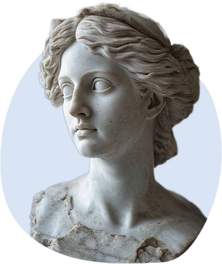 Marble bust of a young woman with her hair gathered back, looking to the side, the base roughly chipped