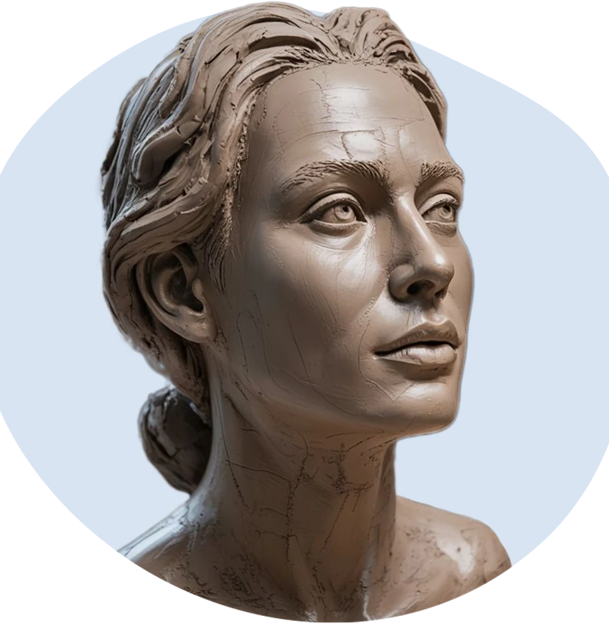 Bronze bust of a determined woman with her hair pulled back