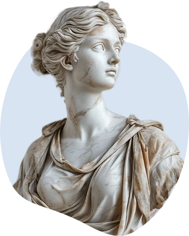 Marble bust of a woman in a draped robe with her hair tied up, looking to the side