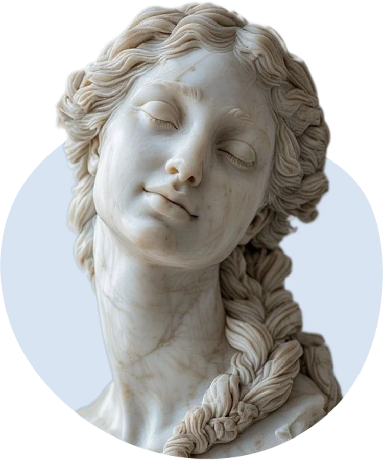 Marble bust of a smiling woman with her eyes closed and her hair in a long braid