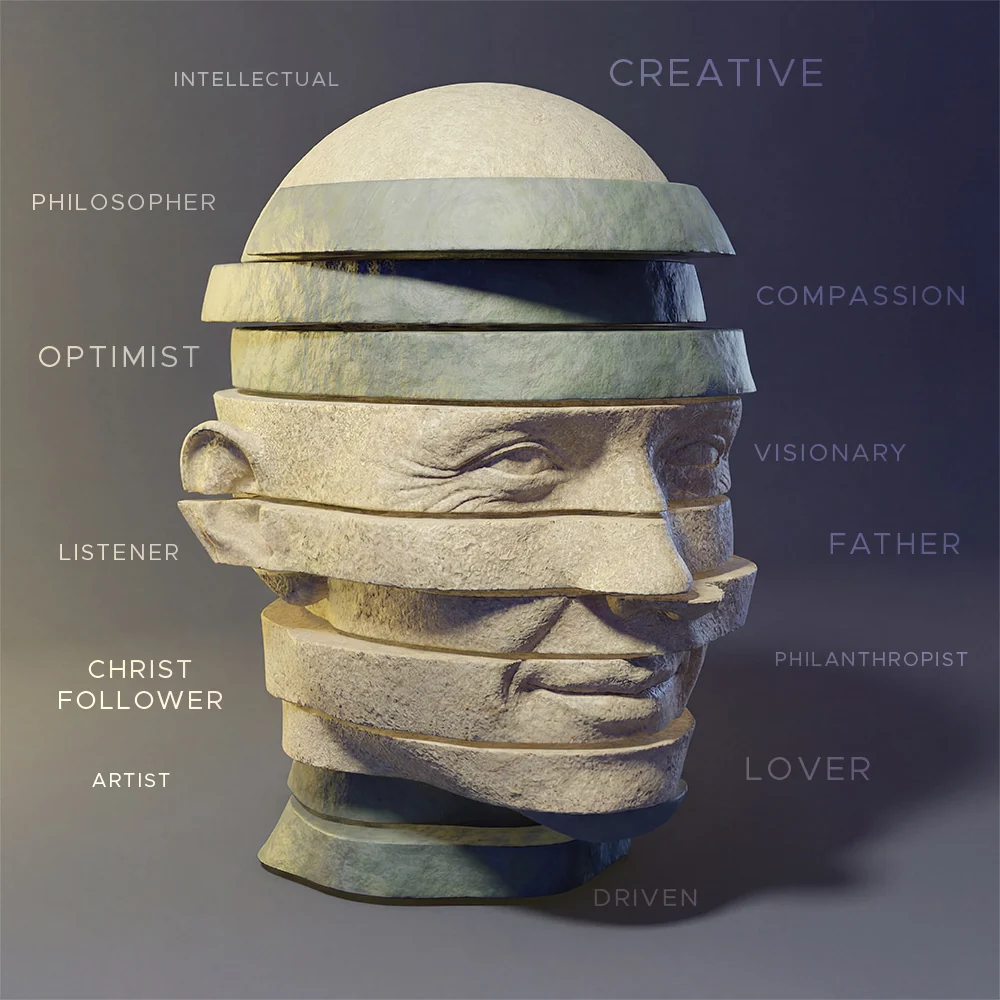 Stone head cut into floating slices, with the words creative, compassion, visionary, father, philanthropist, lover, driven, artist, Christ follower, listener, optimist, philosopher and intellectual around it