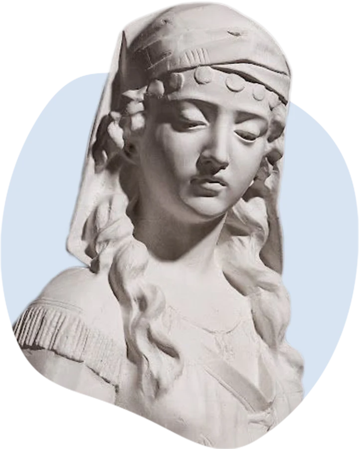 Plaster bust of a young woman in a headscarf trimmed with coins, long hair over her shoulders, eyes lowered
