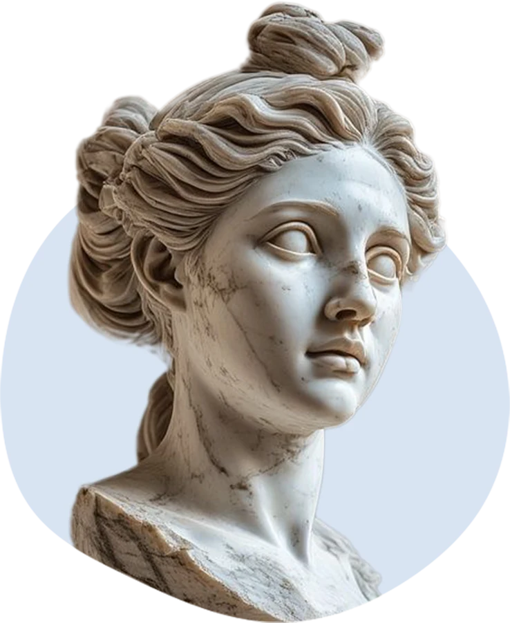Classical marble bust of a woman with her hair in an updo, gazing up and to the side