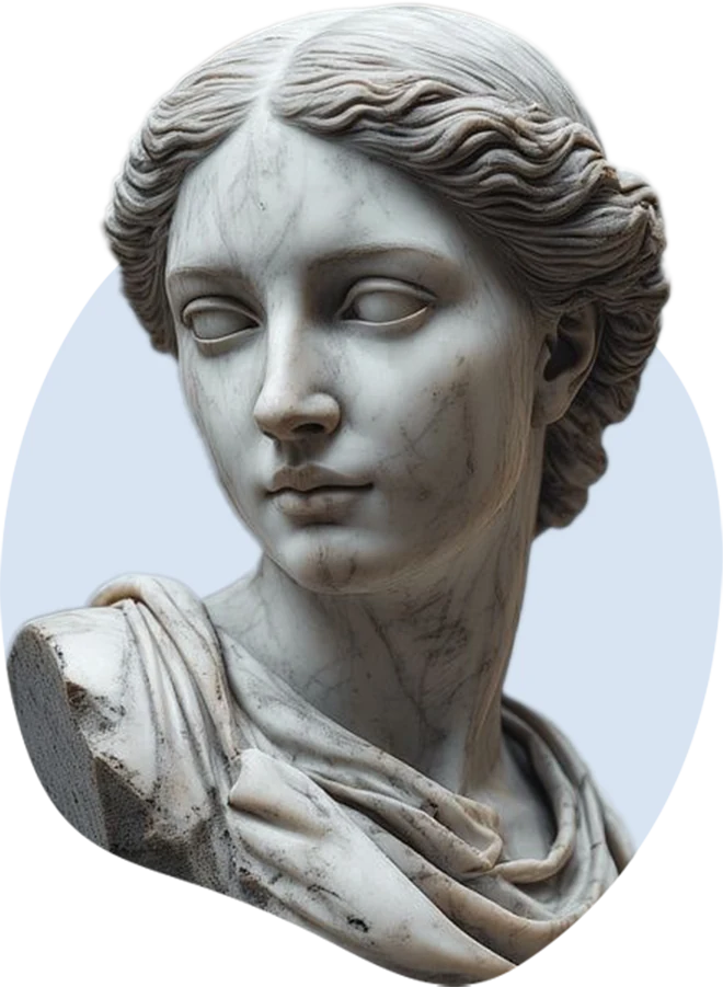 Marble bust of a young woman with wavy hair swept back, a hint of a smile