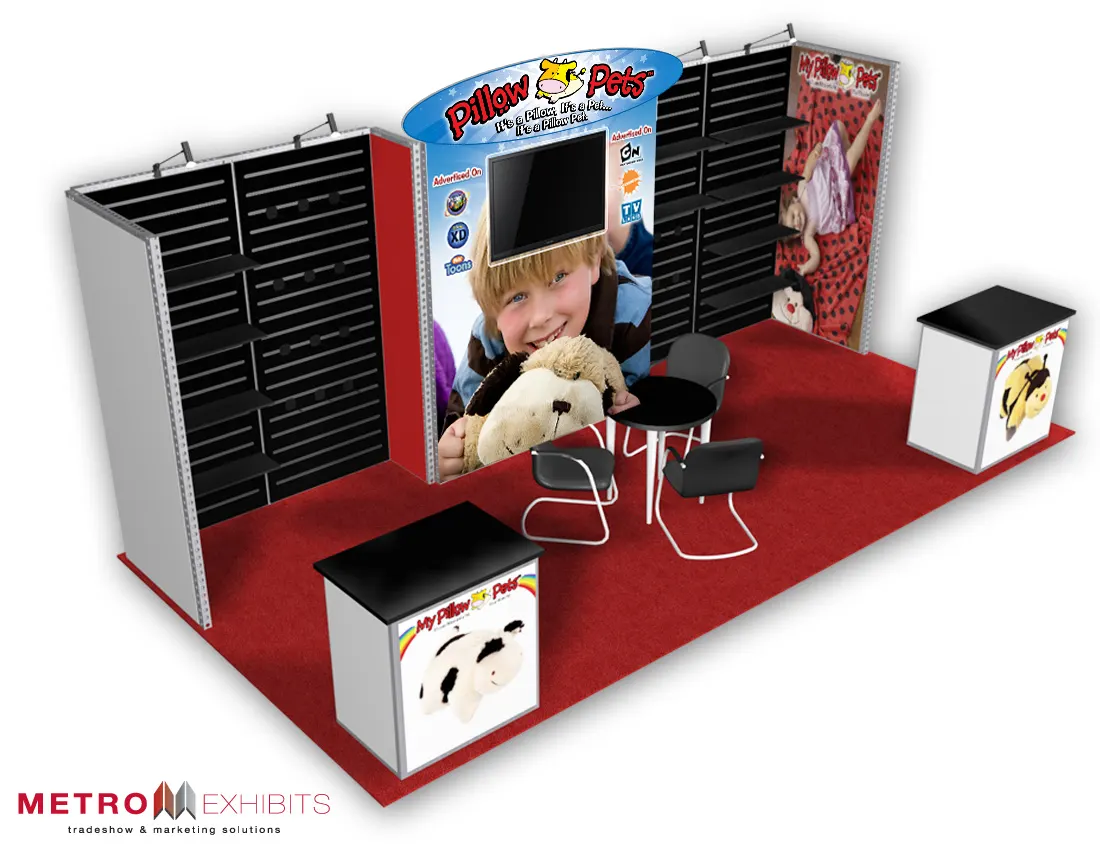 Pillow Pets trade show booth rendering with red carpet